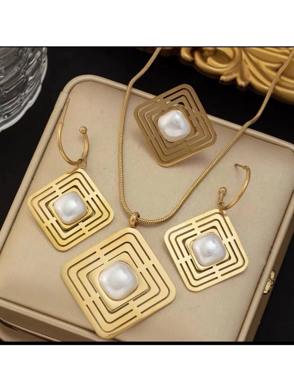 Gold Square Pearl Pendant Necklace and Earring Set